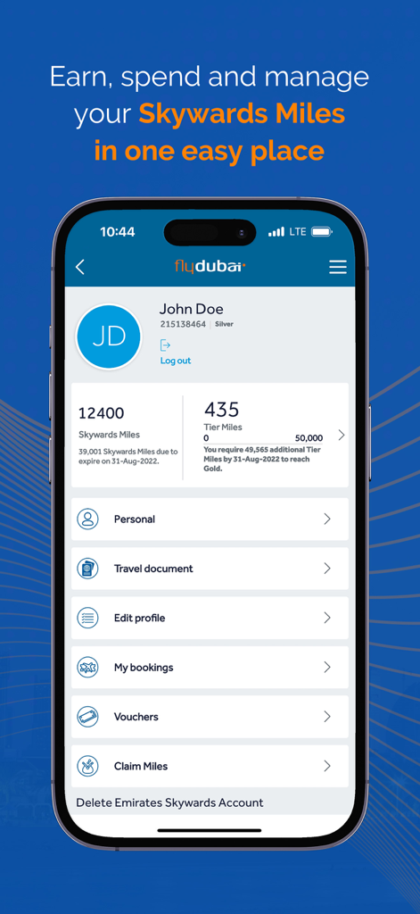 flydubai mobile app user profile showing Emirates Skywards miles balance and account management options