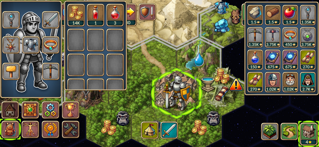 Gameplay screenshot showing a knight character inventory and hex-based map interface in Next Run Strategy RPG.