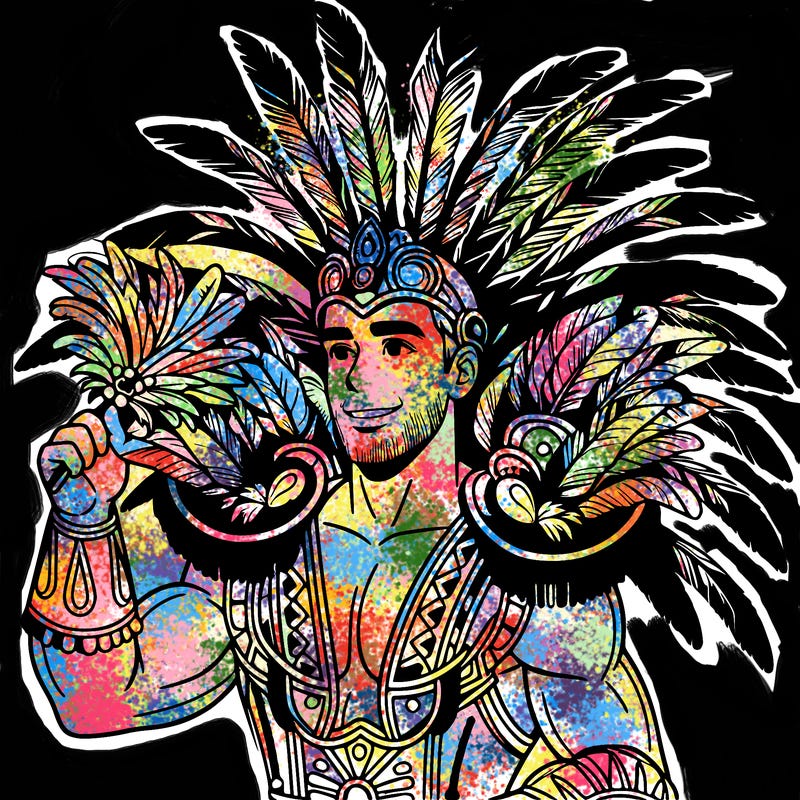 a realistic man  in the carnaval of rio with a carnival costume from brazil with feathers