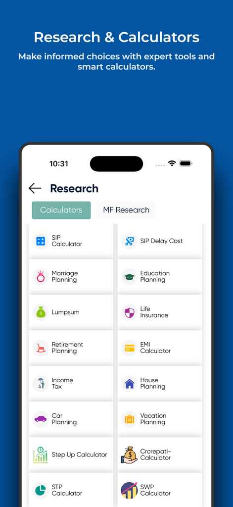 Advisor X By REDVision - Advisor X app screen featuring various financial research and planning calculators