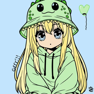 girl with anime shaped eyes with a dinosaur bucket hat oversized sweatshirt long straight hair