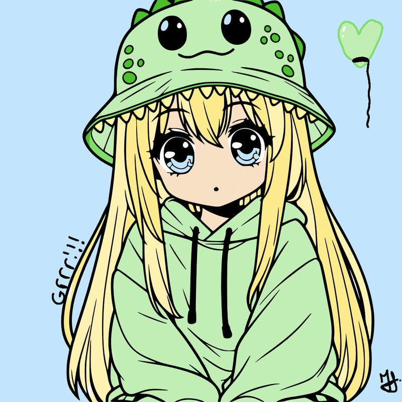 girl with anime shaped eyes with a dinosaur bucket hat oversized sweatshirt long straight hair