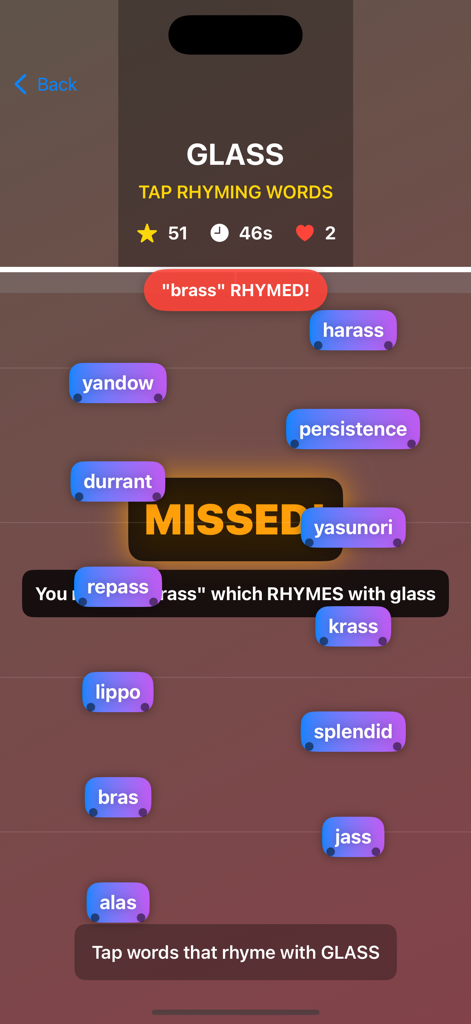 RhymeRally: Rhyming Word Game - RhymeRally gameplay screenshot showing floating words and a challenge to find rhymes for the word glass