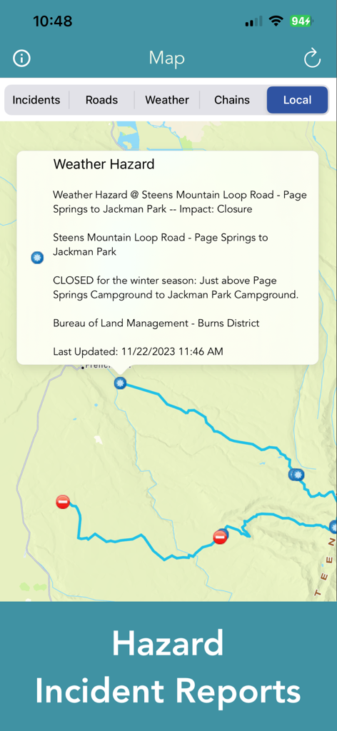 Oregon 511 app map interface showing weather hazard reports and road closures