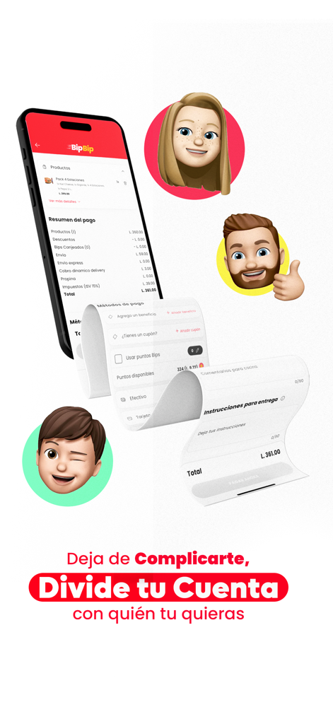 Bip Bip - Interfaz de la app Bip Bip mostrando la función de dividir la cuenta para pedidos de entrega de comida.