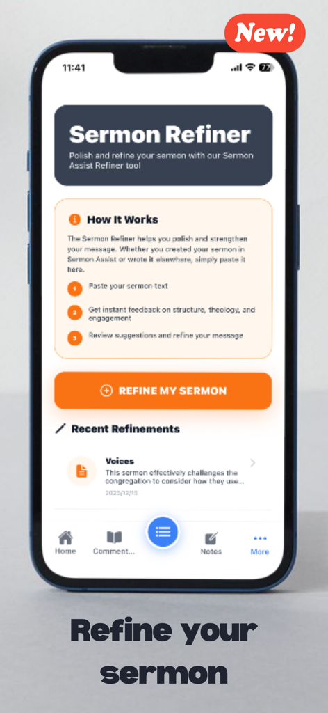 Sermon Assist - Pantalla móvil de la herramienta Refinador de Sermones en la aplicación Sermon Assist diseñada para pulir y fortalecer mensajes religiosos.