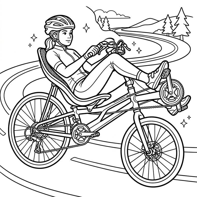 Embark on a unique cycling adventure with this detailed recumbent bike coloring page. Perfect for adults and teens, it captures the serene thrill of a laid-back ride through picturesque landscapes.