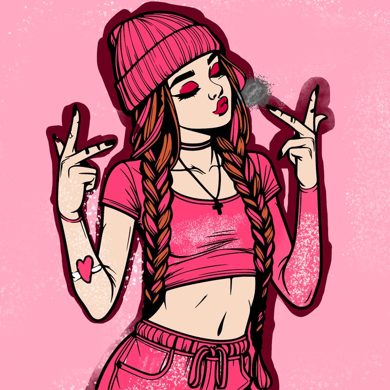 realistic teenage girl with braids and a beanie and crop top doing 🫶🏼
