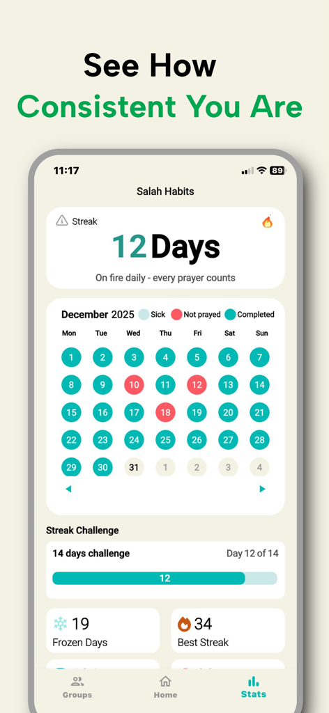Mizan-Be consistent with salah - Mizan app interface showing prayer streaks and a monthly calendar tracking salah habits