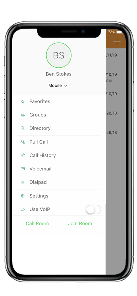Menu de navigation principal de l'application Vonage Enterprise pour AD sur un iPhone