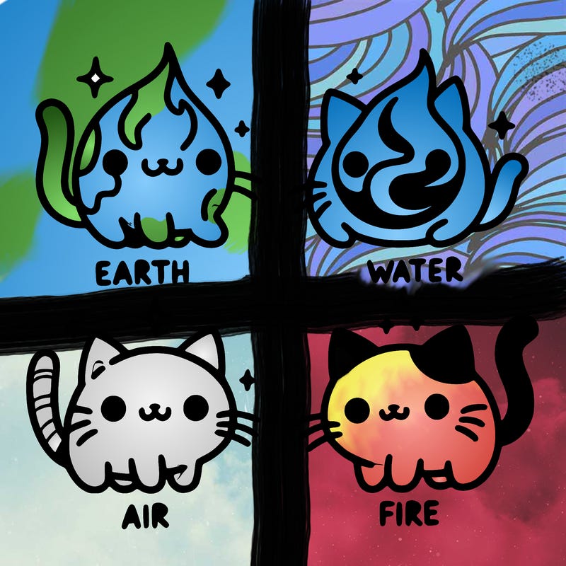 4 cats that represent the different elements, earth, water, air, and fire