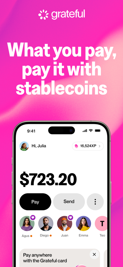 Interfaz de la aplicación móvil Grateful de Exodus que muestra el saldo de una billetera digital y opciones para pagar o enviar stablecoins.