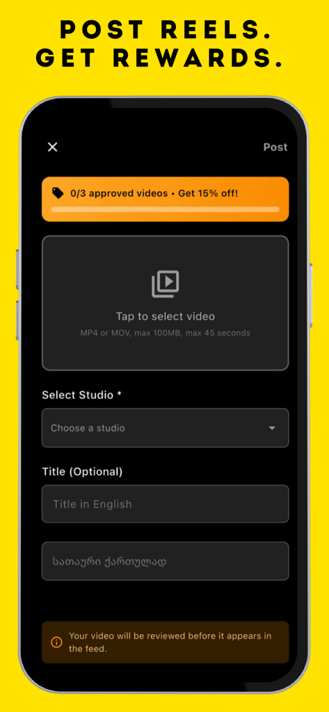 SmartClass App - SmartClass App screen for posting workout reels to earn subscription rewards.