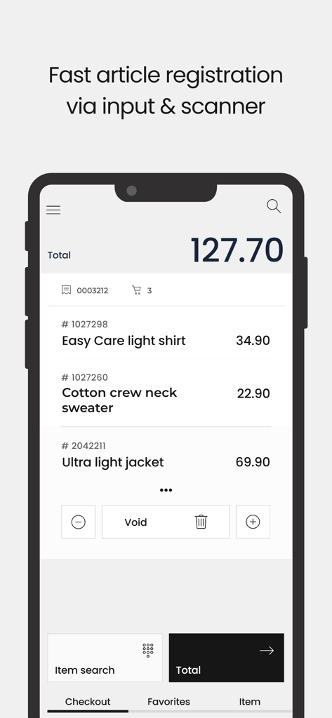 RETAIL7 POS system - RETAIL7 mobile POS checkout screen showing a transaction with clothing items and total amount.
