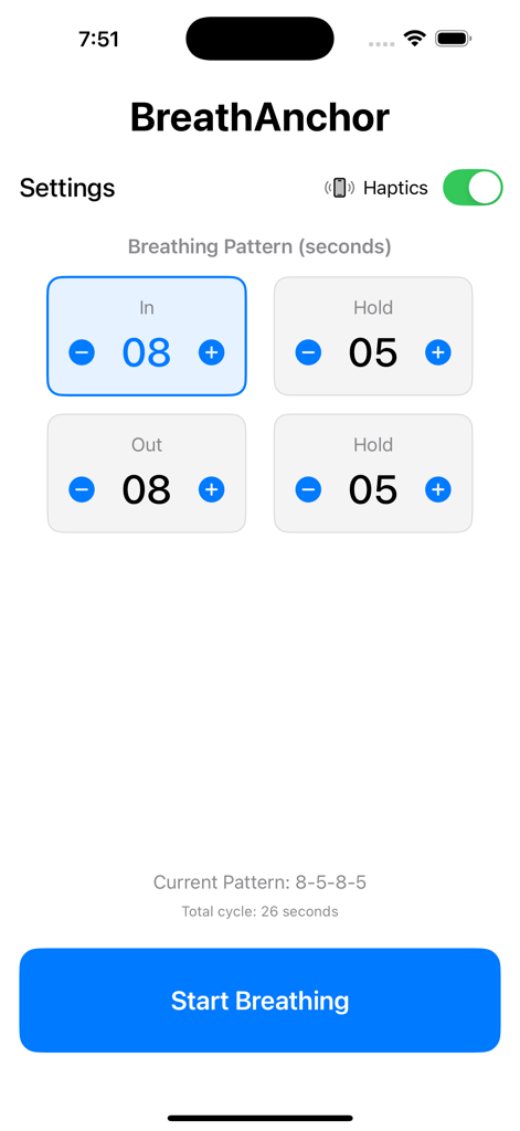 BreathAnchor - La pantalla de configuración de BreathAnchor que muestra temporizadores ajustables para las fases de inhalación, exhalación y retención