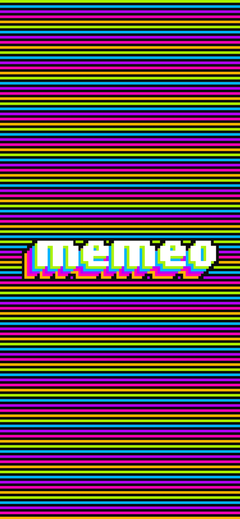 Memeo - Your meme maker - カラフルな水平ネオングライプの背景の上にピクセルアートスタイルのMemeoアプリのタイトル