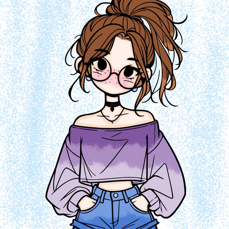 girl with a messy ponytail glasses a baggy crop top and jean shorts