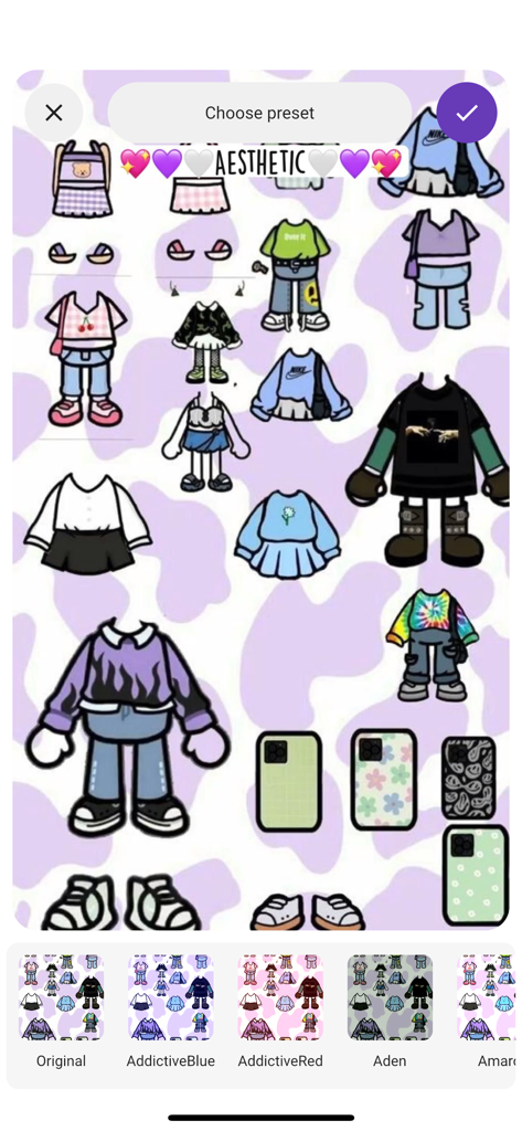 Aesthetic Toka - Outfit Ideas - A screen in the Aesthetic Toka app showing a collection of trendy outfit ideas and different color filter presets.