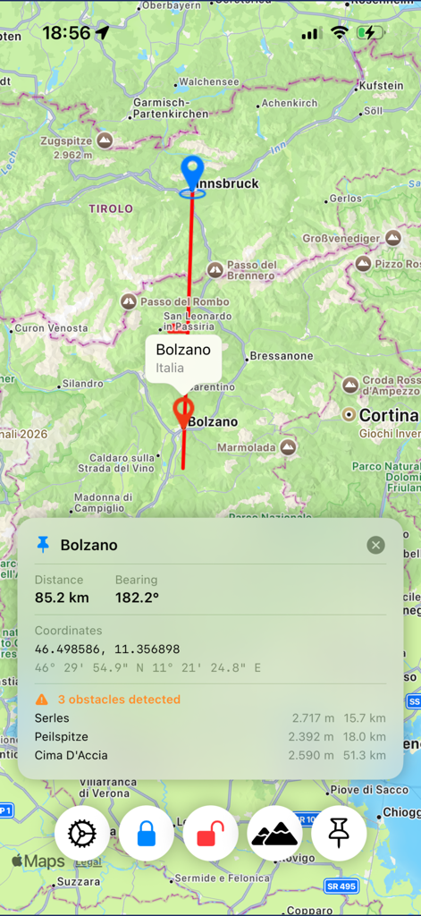 Direction explorer - Direction Explorerアプリのスクリーンショット。インスブルックとボルツァーノ間の方向線が表示された地図と、距離、方位、地形障害物の技術データが表示されている。