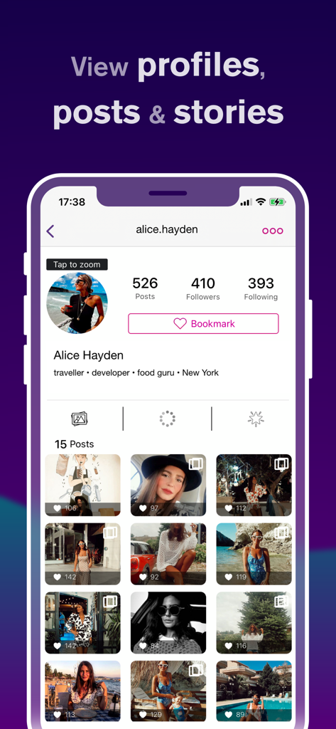 Profile Reports Tracker - Schermata dell'app mobile che mostra un profilo social dettagliato con griglia di post e metriche