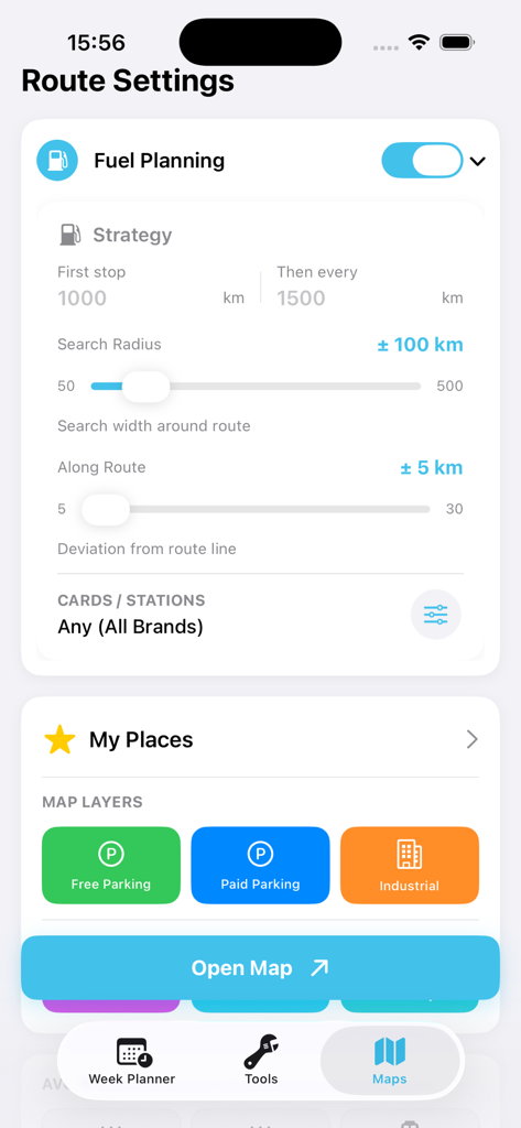 iDrive Truck - Interface of iDrive Truck app showing route settings including fuel planning strategy and map layer filters for parking and industrial zones