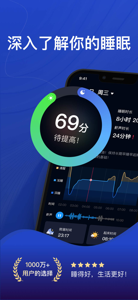 A sleep tracking app interface showing a sleep score of 69 and a detailed sleep cycle graph.