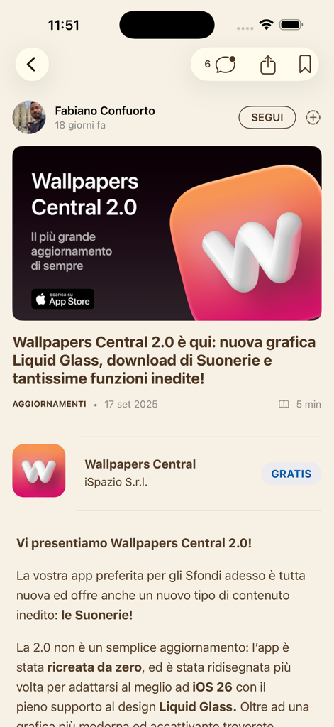 iSpazio - A news article within the iSpazio app announcing the Wallpapers Central 2.0 update for Apple enthusiasts.