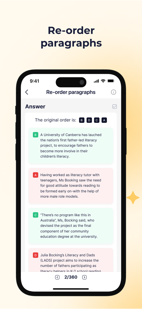 Uma captura de tela do aplicativo PTE Magic exibindo um exercício de prática de reordenar parágrafos como parte da preparação para o exame Pearson Test of English.