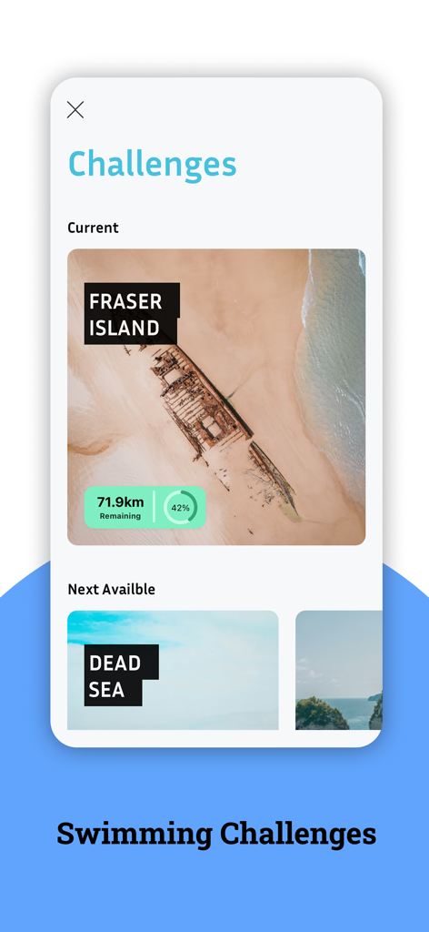 Swimpion: Swimming App - Swimpion app screen displaying virtual swimming challenges and distance tracking progress
