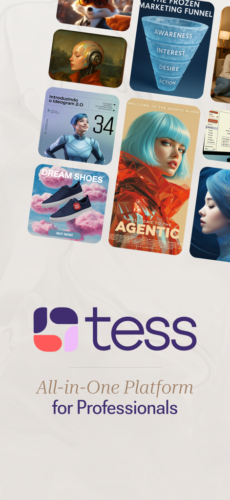 Tess AI - Tess AI logo and slogan All-in-One Platform for Professionals with a collage of AI-generated marketing and creative content