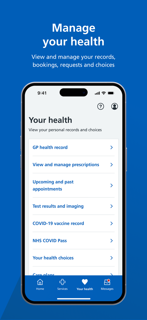 NHS App - Interfaz de la aplicación NHS que muestra registros de salud, recetas y opciones de gestión de citas