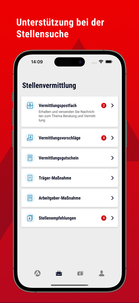 BA-mobil App-Oberfläche, die den Jobvermittlungsbildschirm mit Optionen für Posteingang, Jobvorschläge und Empfehlungen anzeigt.