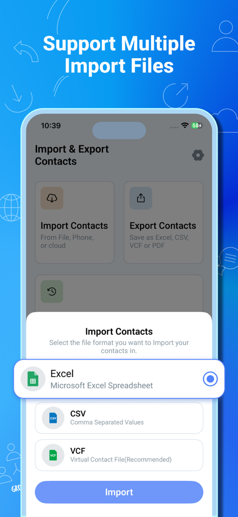 Contact to Excel, Vcf, Pdf - Un écran d'application mobile montrant les options pour importer des contacts à partir des formats de fichiers Excel, CSV et VCF.