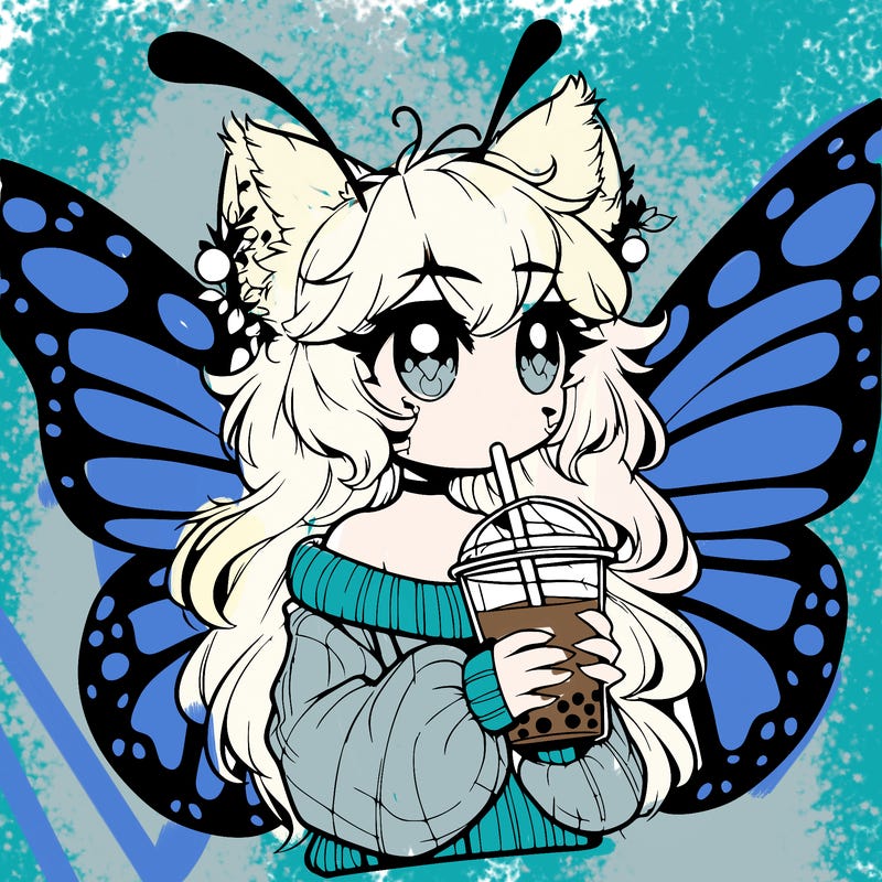a realistic butterfly/furry girl drinking boba