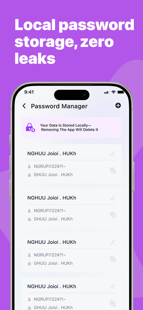 Prime Safety - Prime Safety app password manager interface highlighting local data storage and security.