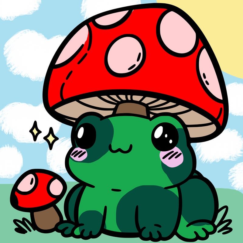 a cute frog with a mushroom hat