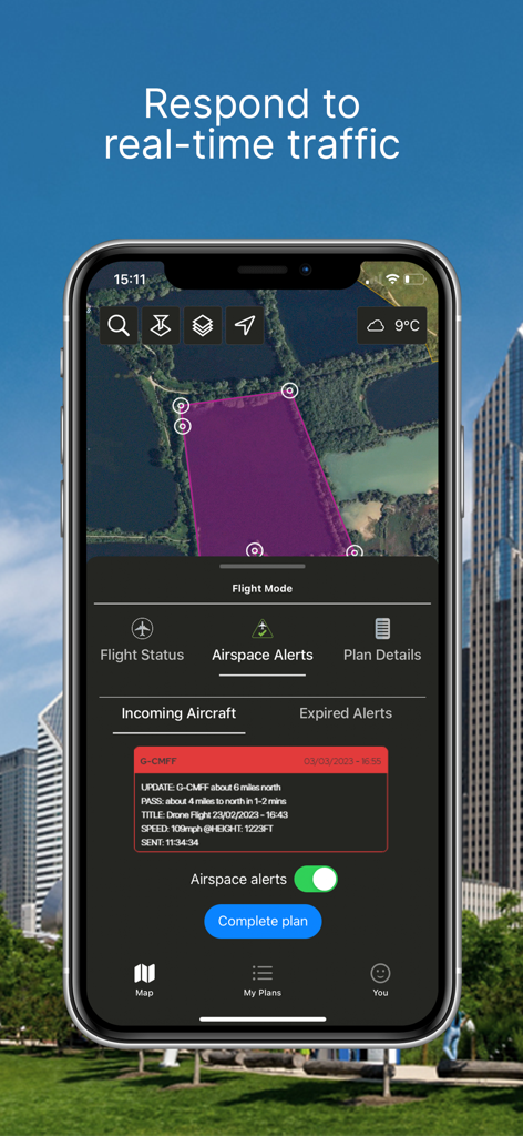 Drone Assist - Flight Planning - Drone Assist app interface showing real time aircraft traffic alerts and flight area map