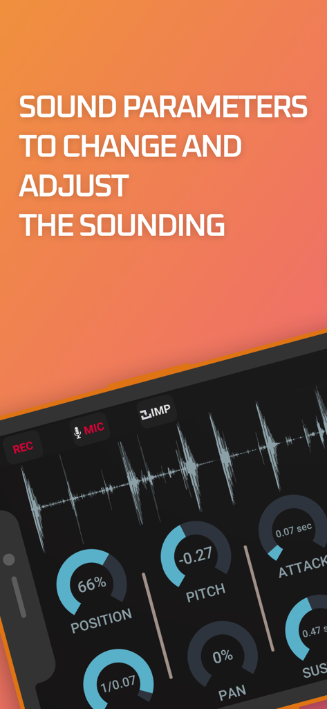 Interfaccia del Sintetizzatore Granulare che mostra parametri sonori regolabili come tonalità, posizione e attacco.