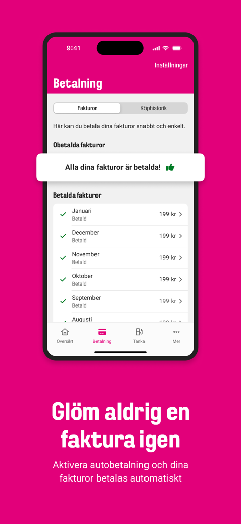 Comviq mobile app Zahlungsbildschirm mit einer Liste bezahlter monatlicher Rechnungen