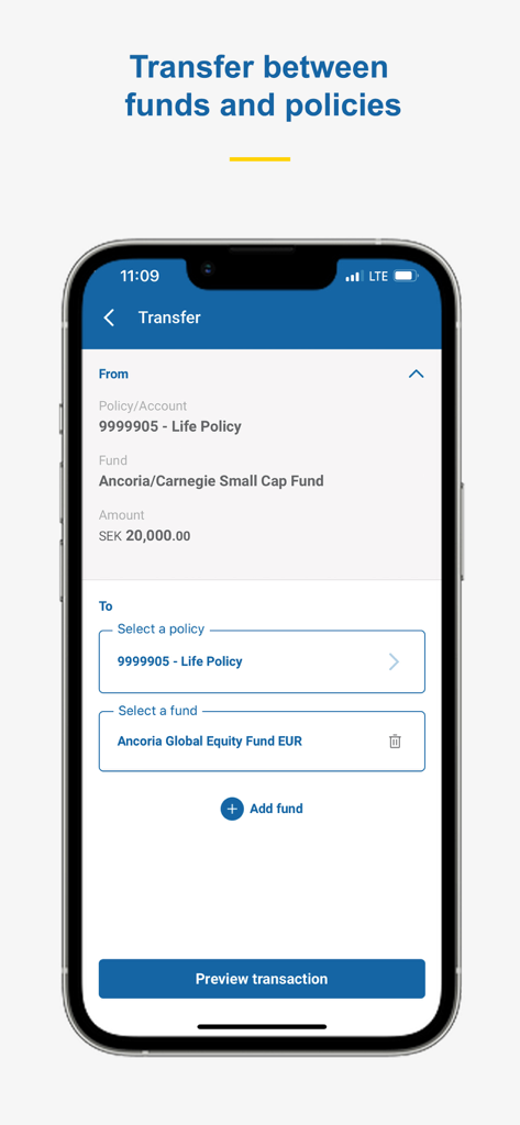 Ancoria OnLine app screen for transferring money between investment funds and policies