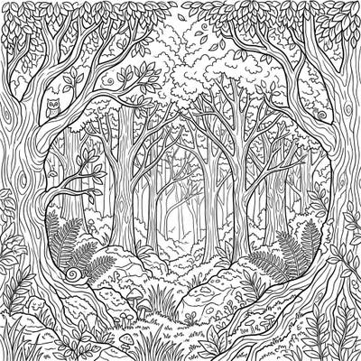 Journey into the captivating depths of a misty woodland with this exquisite full scene coloring page. Explore ancient trees, hidden creatures, and ethereal fog, offering a truly immersive artistic experience.
