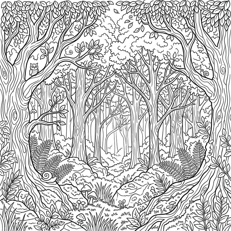 Journey into the captivating depths of a misty woodland with this exquisite full scene coloring page. Explore ancient trees, hidden creatures, and ethereal fog, offering a truly immersive artistic experience.
