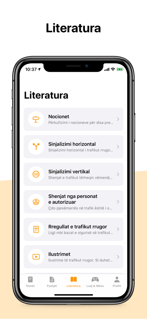 Driving theory literature menu in the Autoshkolla Kosove app showing traffic rules and sign categories