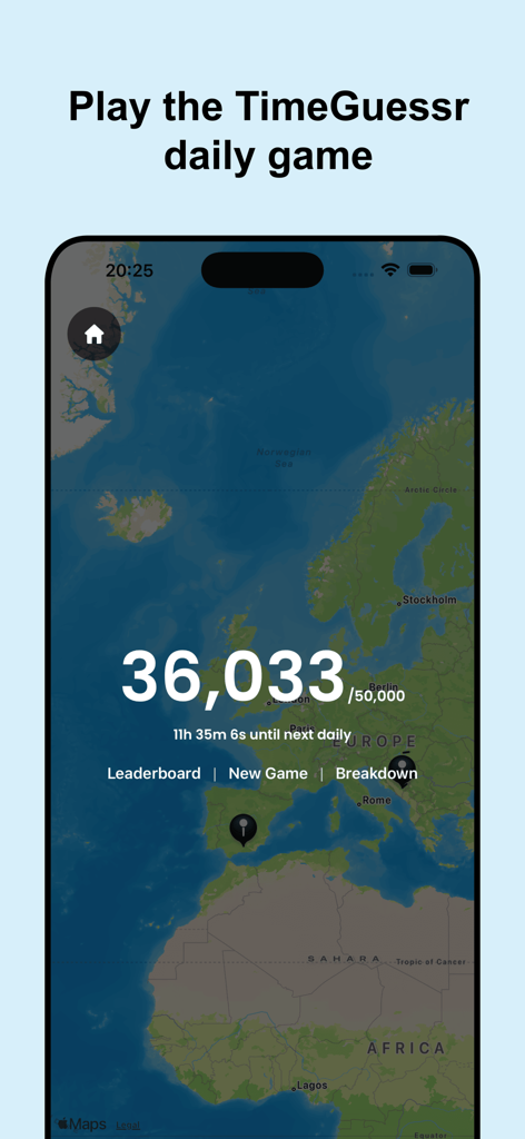 TimeGuessr mobile app interface showing a score on a world map for the daily game challenge