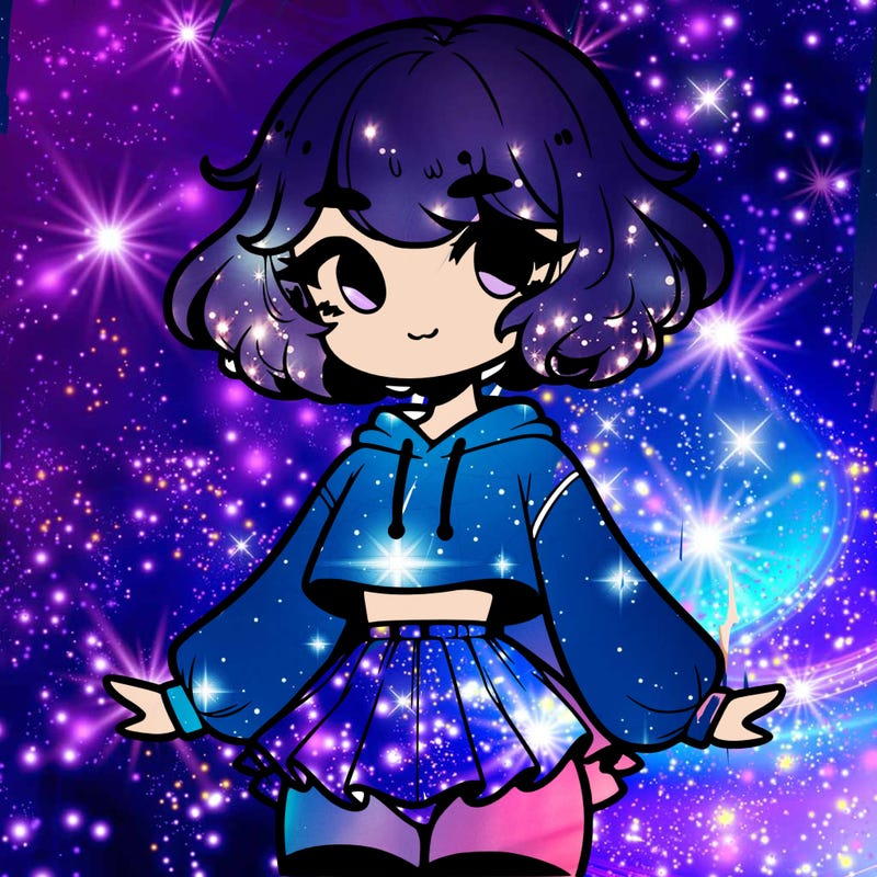 cute femboy with short, fluffy hair that softly frames their face, wearing a cropped hoodie, paired with a flouncy short skirt, and thigh-high stockings