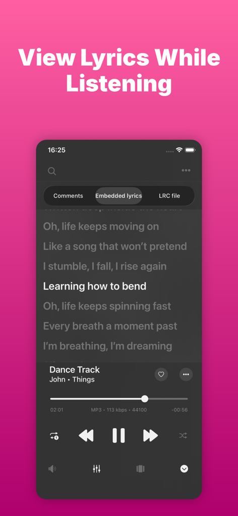 L'interface de l'application Evermusic affiche les paroles des chansons intégrées pendant la lecture sur un iPhone.