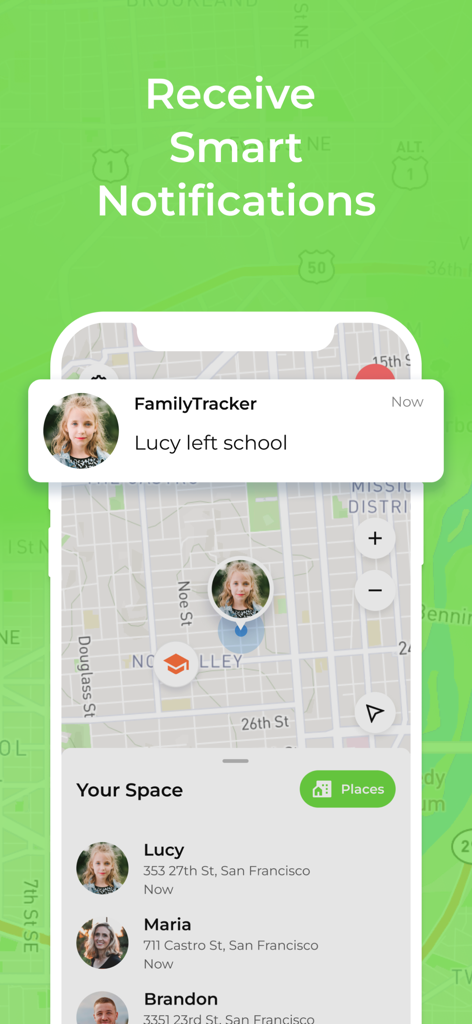 地図を背景に、子供が学校を出発したという家族追跡アプリの通知を表示するスマートフォンの画面。