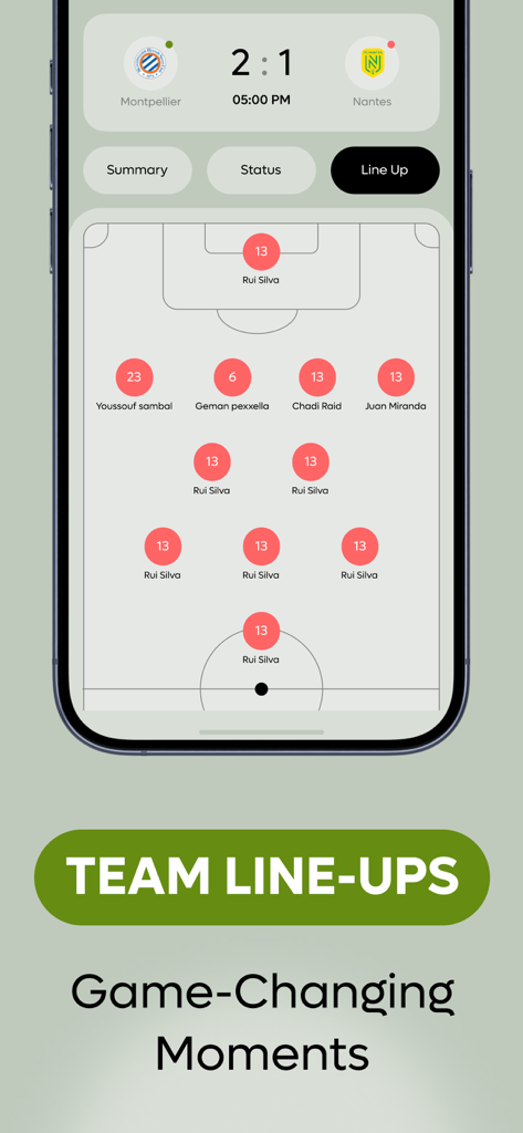 Live Football TV : Live Scores - Un écran mobile montrant les formations des équipes de football et la formation tactique d'un match.