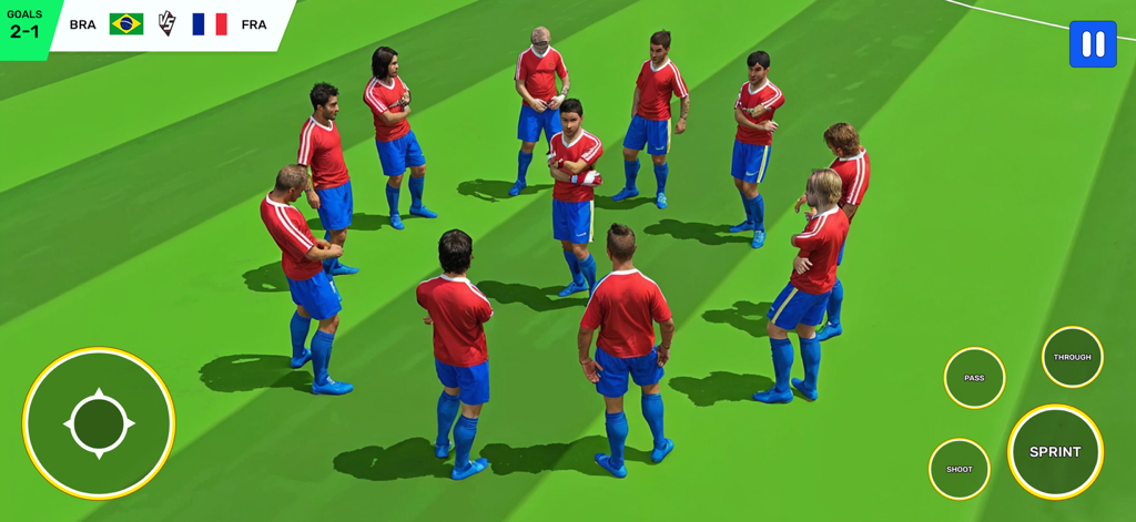 Football Game 2025: Super Kick - A gameplay screenshot of Football Game 2025 showing players in a circle on the pitch with mobile game controls