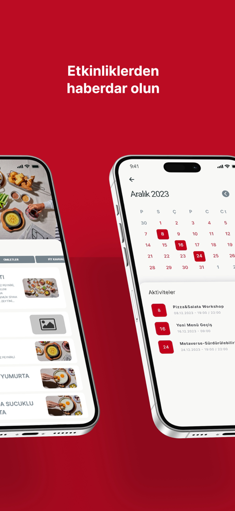 BigChefs App - Interfaz de la aplicación BigChefs que muestra un calendario de eventos y un menú de comida en pantallas móviles